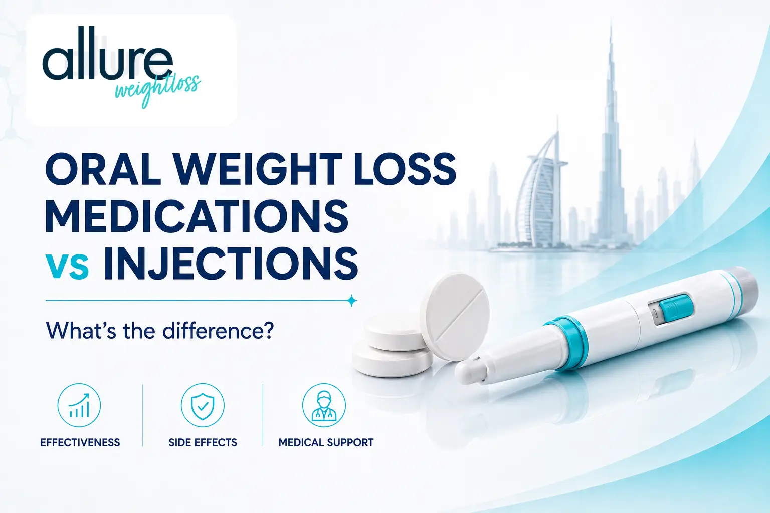 Oral weight loss medication tablets compared with a weekly weight loss injection for patients considering treatment in Dubai